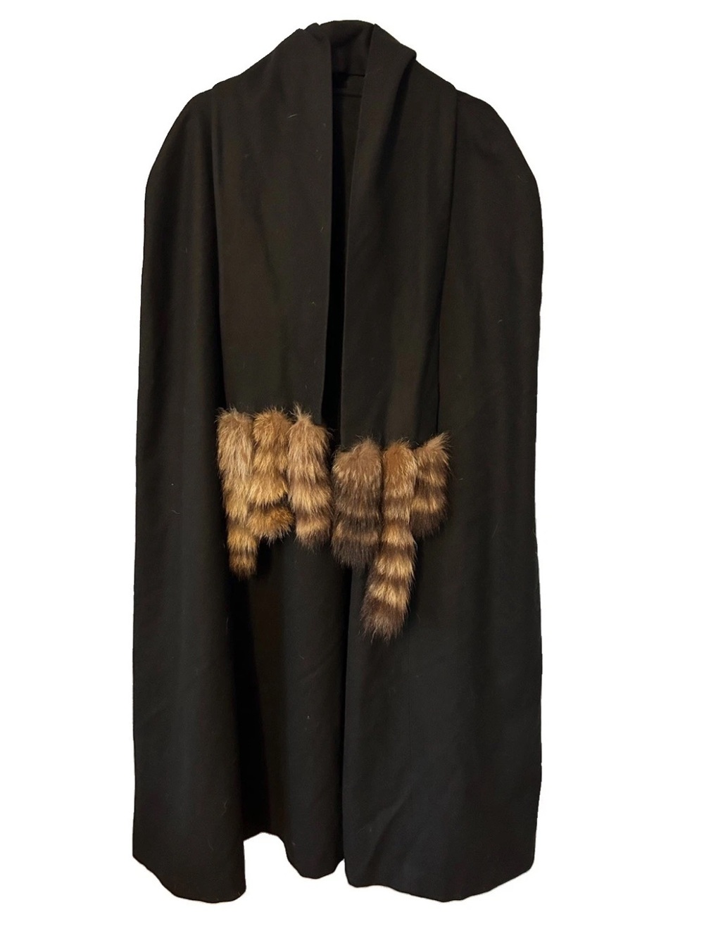 Vintage Black Wool Maxi Cape Fox Fur Trim Long Cloak USA Made 22/24 Luxury Boho